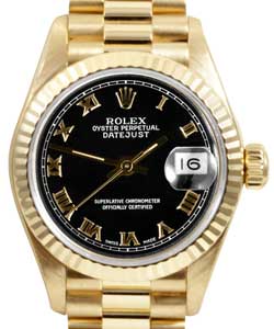 President 26mm in Yellow Gold with Fluted Bezel on President Bracelet with Black Roman Dial