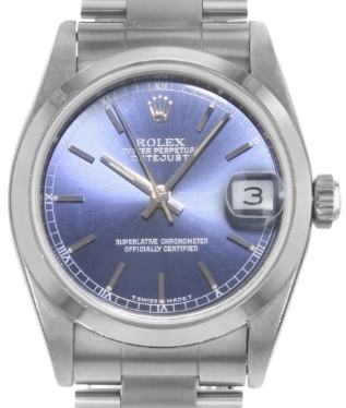 Datejust Mid Size in Steel with Smooth Bezel on Oyster Bracelet with Blue Stick Dial