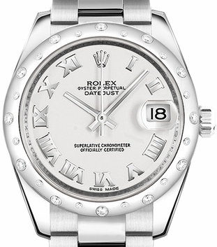 Mid Size DateJust 31mm in Steel with Diamond Bezel on Oyster Bracelet with White Roman Dial