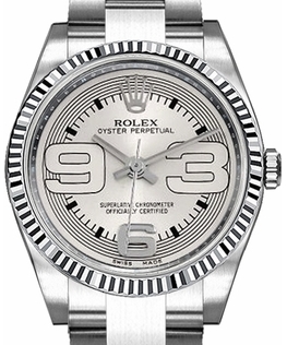 Oyster Perpetual No Date Lady's with White Gold Fluted Bezel on Oyster Bracelet with Silver Maxi Arabic Dial
