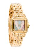 Panthere in Yellow Gold with Aftermarket Diamond Bezel on Yellow Gold Aftermarket Diamond Bracelet with Mother of Pearl Sunrise Dial