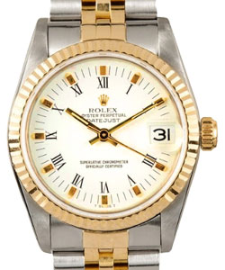 Mid Size Datejust 31mm in Steel with Yellow Gold Fluted Bezel   on Jubilee Bracelet with Ivory Roman Dial