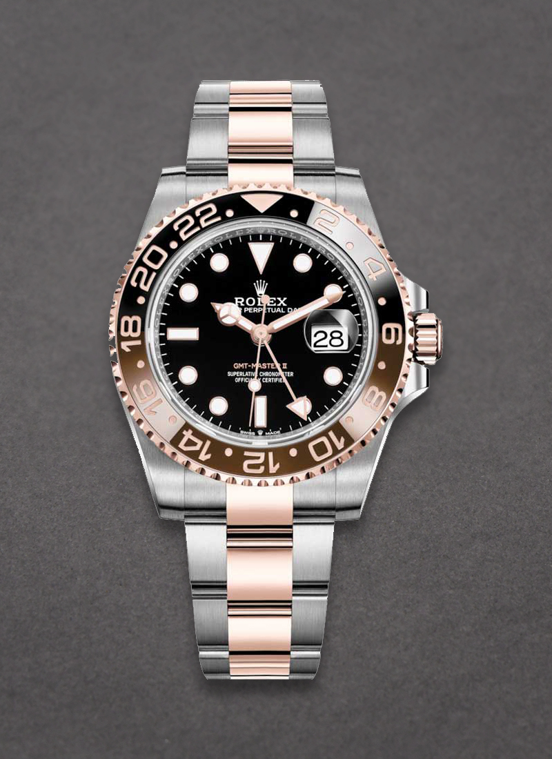 Rolex Unworn GMT Master II in Steel with  Rose Gold Black and Brown Bezel