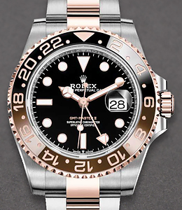 GMT Master II in Steel with  Rose Gold Black and Brown Bezel  on Oyster Bracelet with Black Dial