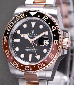 GMT Master II in Steel with  Rose Gold Black and Brown Bezel  on Oyster Bracelet with Black Dial