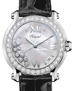 Happy Sport Round 36mm in Steel with Diamonds Bezel on Black Crocodile Leather Strap with Mother of Pearl Dial