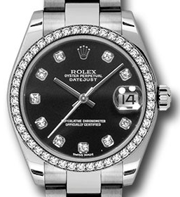 Datejust 31mm in Steel with Diamonds Bezel on Oyster Bracelet with Black  Diamond Dial