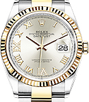 36mm Datejust in Steel with Yellow Gold Fluted Bezel on Oyster Bracelet with Silver Roman Dial with Diamond VI & iX