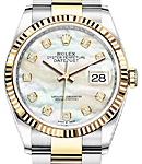 Datejust 36mm in Steel with Yellow Gold Fluted Bezel on Oyster Bracelet with White MOP Diamond Dial