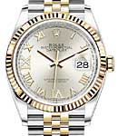 Datejust 36mm in Steel with Yellow Gold Fluted Bezel on Jubilee Bracelet with Silver Roman Dial with Diamond VI & IX