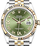 Datejust 36mm in Steel with Yellow Gold Fluted Bezel on Jubilee Bracelet with Olive Green Roman Dial with Diamond VI & IX