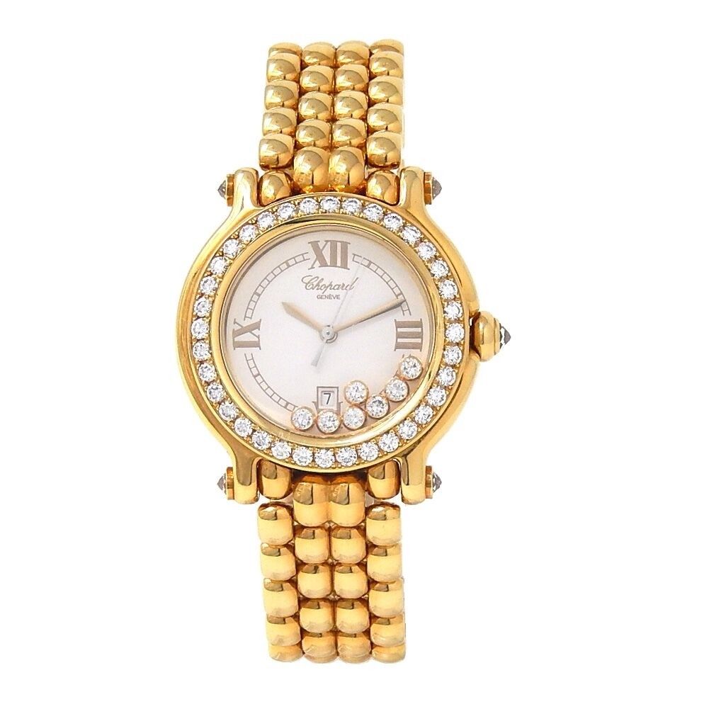 Happy Sport Round in Yellow Gold with Diamond Bezel on Yellow Gold  Bracelet with White Dial