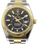 Sky Dweller 42mm in Steel with Yellow Gold Fluted Bezel on Oyster Bracelet with Black Stick Dial