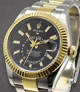 Sky Dweller 42mm in Steel with Yellow Gold Fluted Bezel on Oyster Bracelet with Black Stick Dial