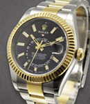 Sky Dweller 42mm in Steel with Yellow Gold Fluted Bezel on Oyster Bracelet with Black Stick Dial