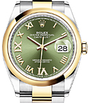 Datejust 36mm in Steel with Yellow Gold Smooth Bezel on Oyster Bracelet with Olive Green Roman Dial with Diamond VI & iX