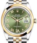 Datejust in Steel with Yellow Gold Smooth Bezel on Jubilee Bracelet with Olive Green Roman Dial with Diamond VI & IX