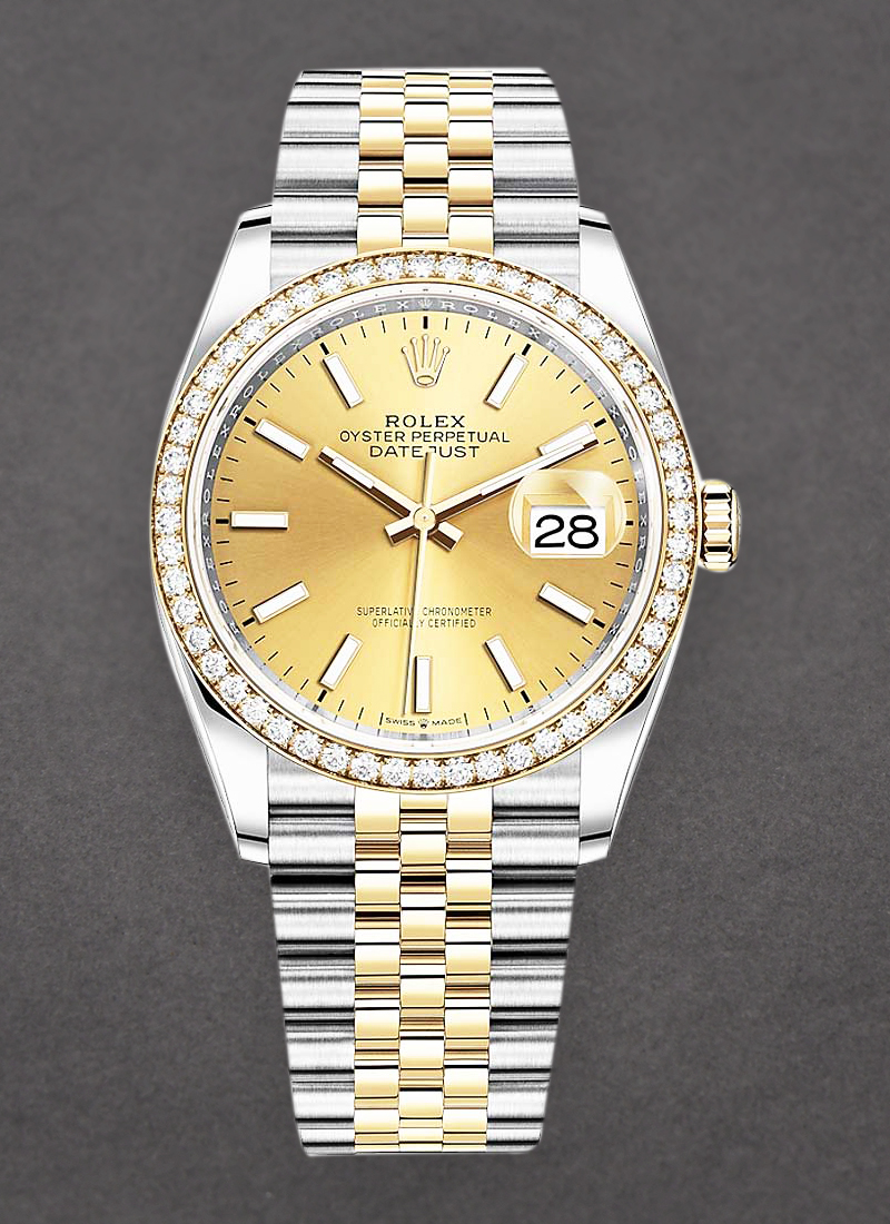 Rolex Unworn Datejust 36mm in Steel with Yellow Gold Diamond Bezel