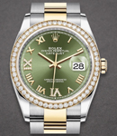2-Tone Datejust 36mm with Diamond Bezel on Oyster Bracelet with Olive Green Roman Dial with Diamond VI & IX