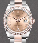 Datejust 36mm in Steel with Rose Gold Diamond Bezel on Oyster Bracelet with Pink Roman Dial - Diamonds on VI and IX