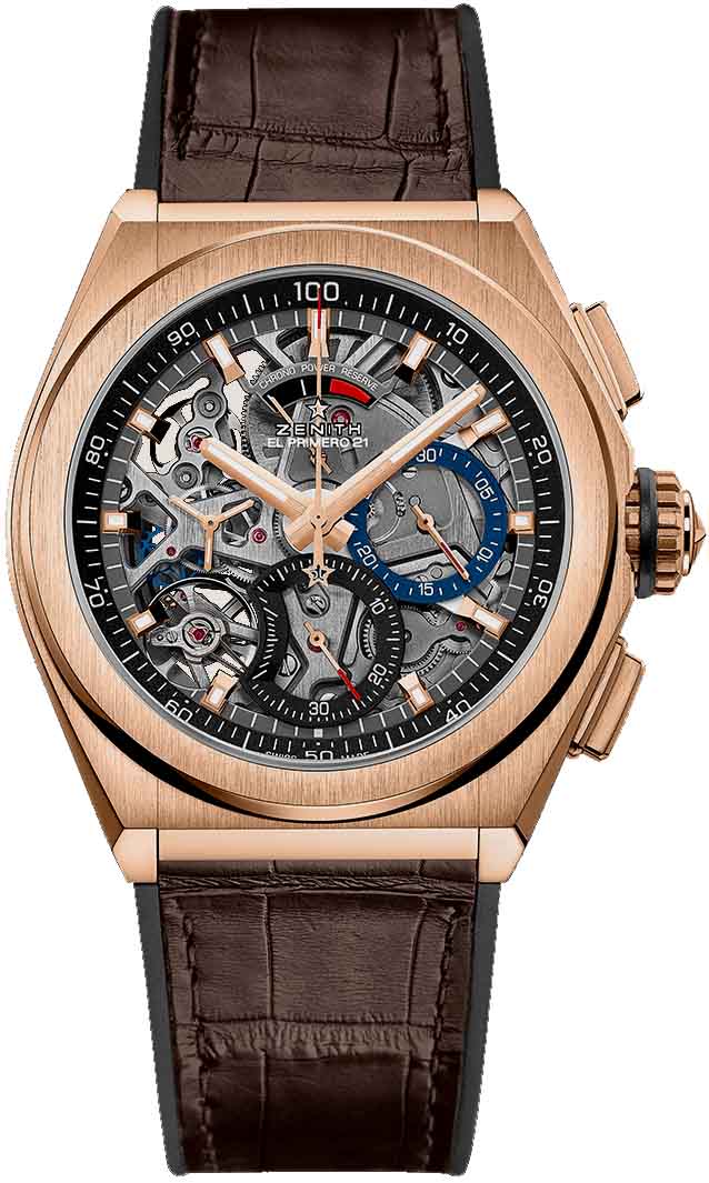 Defy El Primero 21 in Rose Gold on Brown Alligator Leather with Skeleton Dial