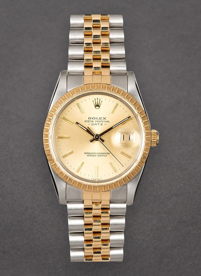 Pre-Owned Rolex Date 34mm in Steel with Yellow Gold Fluted Bezel