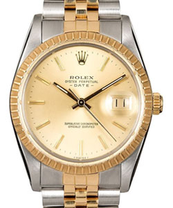 Date 34mm in Steel with Yellow Gold Fluted Bezel on 2-Tone Jubilee Bracelet with Champagne Stick Dial