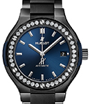 Classic Fusion Black Magic in Black Ceramic with Diamond Bezel On Ceramic Bracelet with Blue Sunray Dial