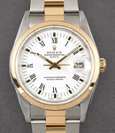 2-Tone Date 34mm Smooth Bezel on Oyster Bracelet with White Dial with Black Roman Numerals