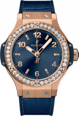 Big Bang 38mm in Rose Gold with Diamond Bezel on Blue Crocodile Leather Strap with Blue Dial
