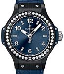 Big Bang Quartz 38mm in Black Ceramic with Diamond Bezel on Blue Crocodile Leather Strap with Blue Dial