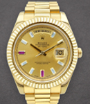 President Day-Date 41mm in Yellow Gold with Fluted Bezel on President Bracelet with Champagne Ruby Diamond Dial - 2 Rubies