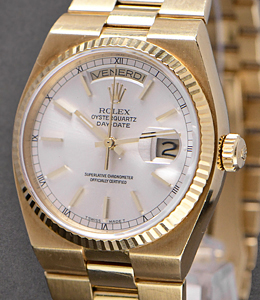 Oyster Quartz President in Yellow Gold With Silver Stick Dial - Italian Day Wheel