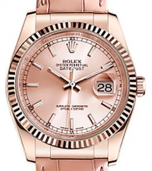 Datejust 36mm in Rose Gold with Fluted Bezel on Strap with Pink Index Dial