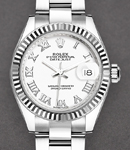 Ladies Datejust 28mm in Steel with White Gold Fluted Bezel on Oyster Bracelet with White Roman Dial