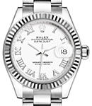 Ladies Datejust 28mm in Steel with White Gold Fluted Bezel on Oyster Bracelet with White Roman Dial