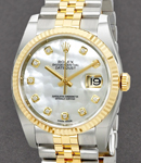 Datejust 36mm in Steel with Yellow Gold Fluted Bezel on New Style Jubilee Bracelet with White MOP Diamond Dial