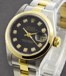 Ladies Datejust 26mm in Steel with Yellow Gold Smooth Bezel on Oyster Bracelet with Black Diamond Dial