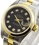 Ladies Datejust 26mm in Steel with Yellow Gold Smooth Bezel on Oyster Bracelet with Black Diamond Dial