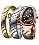 Serpenti Ladies Quartz in Tri Color Gold with Diamond Bezel On Two Twirl Rose Yellow And White Gold Bracelet with Black Dial