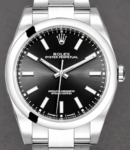 Oyster Perpetual 39mm in Steel with Smooth Bezel on Oyster Bracelet with Black Index Dial