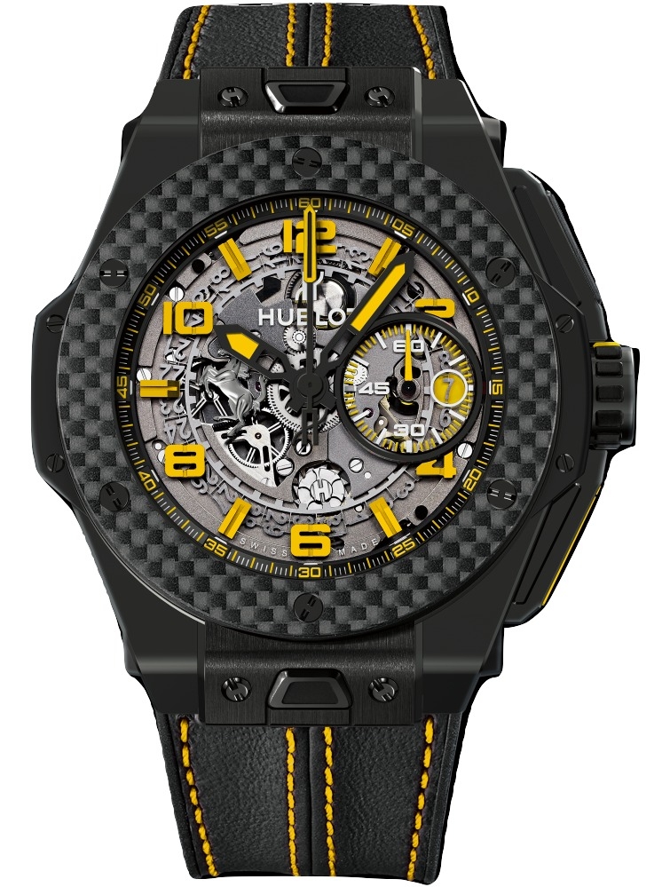 Big Bang Unico in Black Ceramic with Carbon Fiber Bezel on Black Leather Strap with Skeleton Yellow Dial