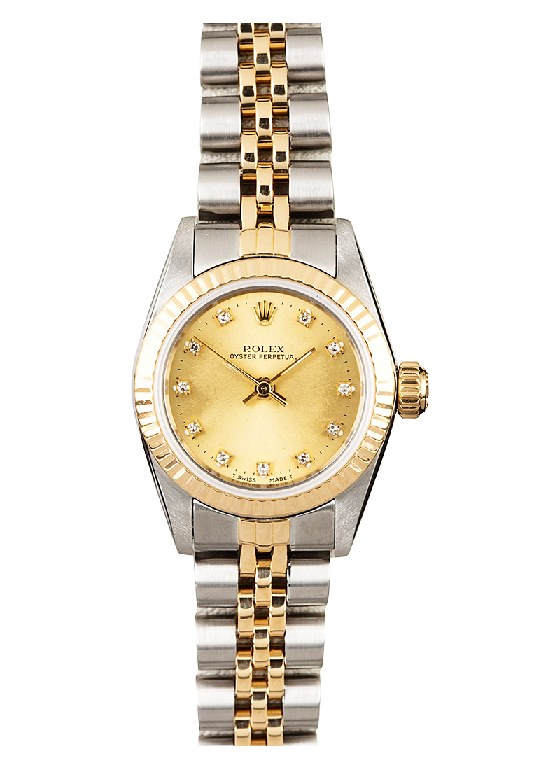 Pre-Owned Rolex Ladies Oyster Perpetual 24mm in Steel with YG Fluted Bezel