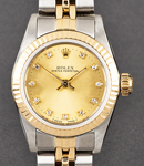 Ladies Oyster Perpetual 24mm in Steel with YG Fluted Bezel on Jubilee Bracelet with Champagne Diamond Dial