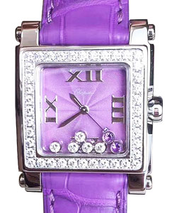 Happy Sport Square in Steel with Diamond Bezel on Purple Crocodile Leather Strap with Purple Dial-7 Floating Diamonds