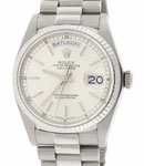DayDate President 36mm in White Gold with Fluted Bezel on President Bracelet with Silver Stick Dial