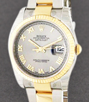 Datejust 36mm in Steel with Yellow Gold Fluted Bezel on Oyster Bracelet with Silver Roman Dial