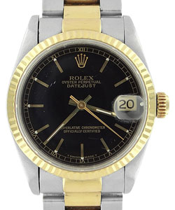 Datejust Mid Size 31mm in Steel with Yellow Gold Fluted Bezel on Oyster Bracelet with Black Stick Dial