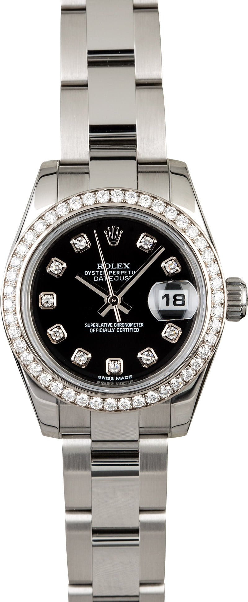 Datejust 26mm in Steel and White Gold with Diamond Bezel on Steel Oyster Bracelet with Black Diamond Dial