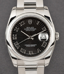 Datejust 36mm in Steel with Smooth Bezel on Oyster Bracelet with Black Sunbeam Roman Dial